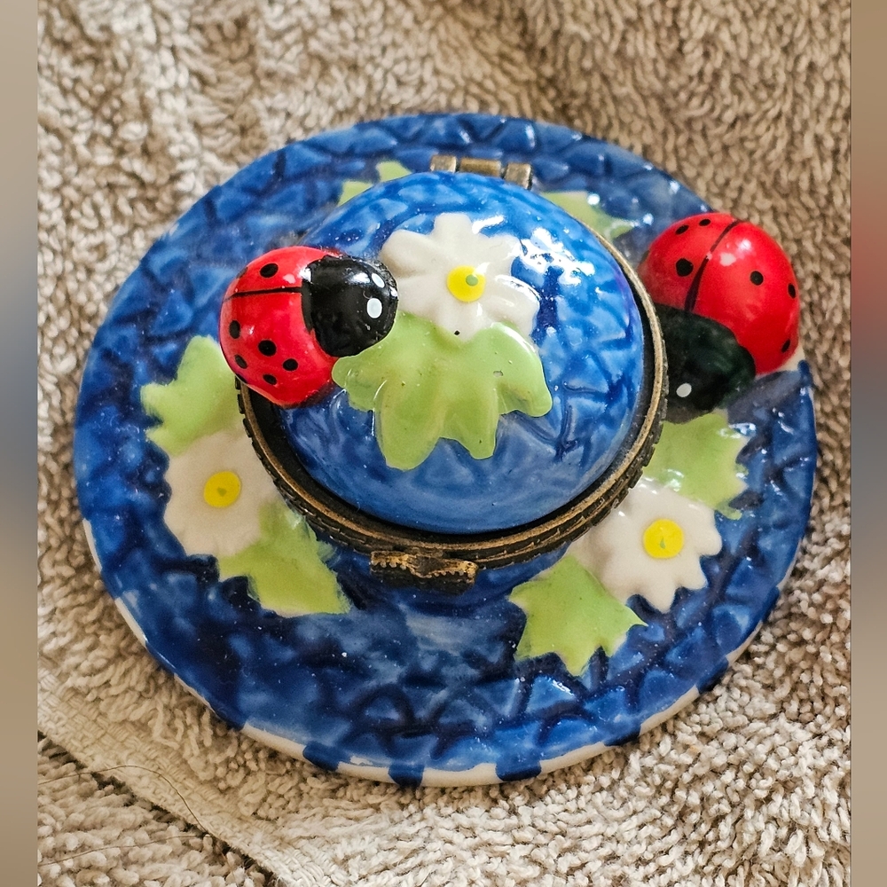 Vintage Lady Bug On Blue Hat Porcelain Trinket Box